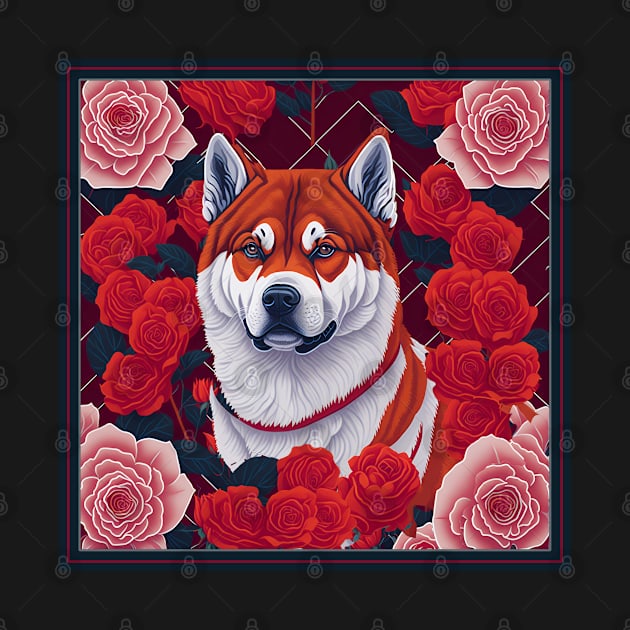 Dogs, akita inu and flowers, dog, style vector (red version akita-inu, hachi) by xlhombat