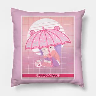 90s Japanese Kawaii Sad Girl Pink Japanese Strawberry Milk Pillow