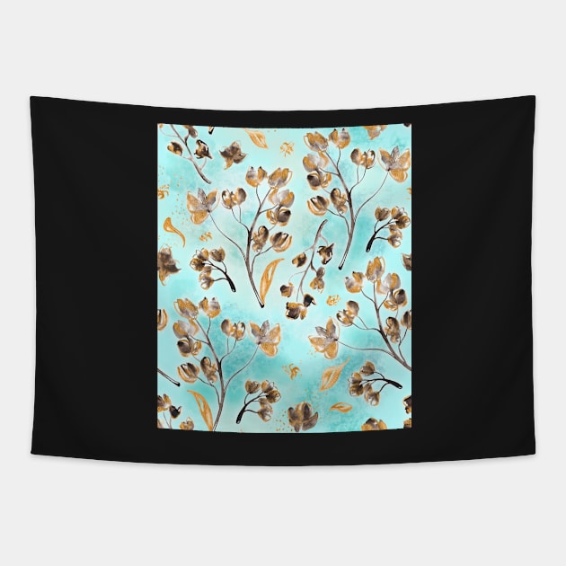 Hand-painted watercolor loose floral chintz in gold, blue, brown and turquoise as a seamless surface pattern design Tapestry by nobelbunt