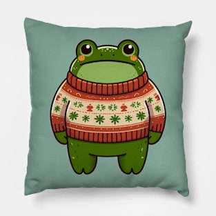 a standing frog wearing a Christmas sweater Pillow