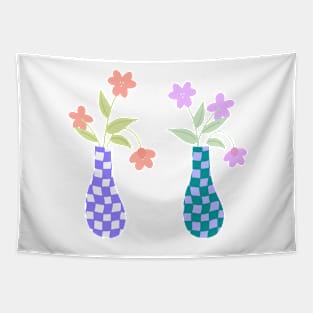 Pair of Checkered Vases with Pink and Purple Flowers Tapestry