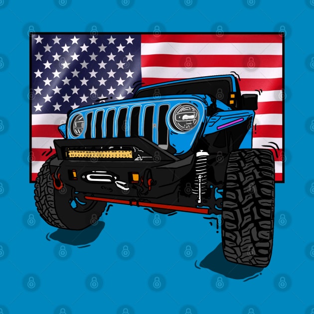 Jeep with American Flag - Light Blue Essential by 4x4 Sketch