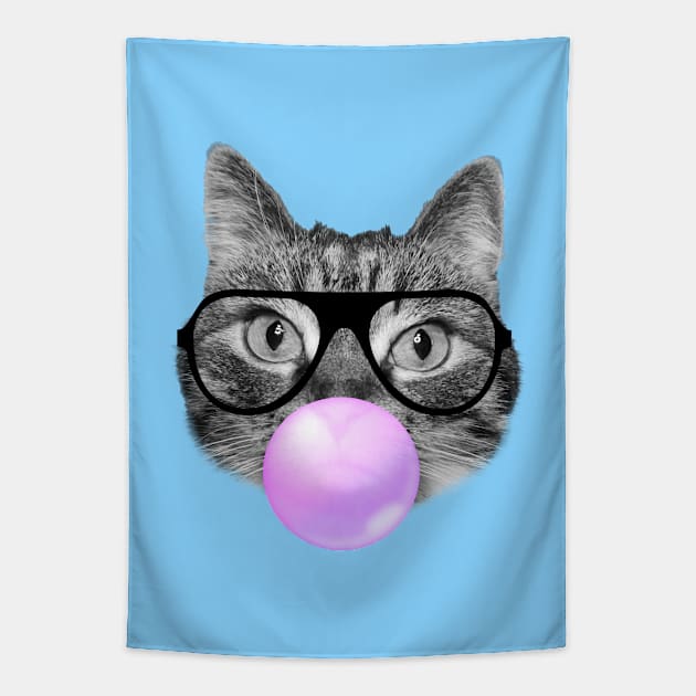 Cute fluffy hipster cat and a pink bubble gum Tapestry by Purrfect