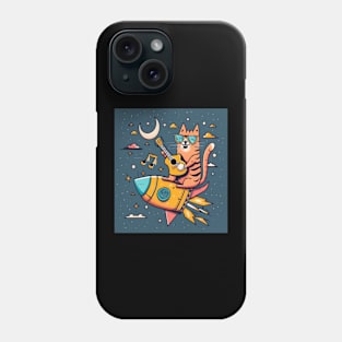 cat playing guitar on rocket Phone Case