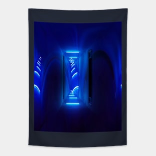 Digital collage and special processing. Sci-fi and mystic. Corridor. Blue lights. Tapestry