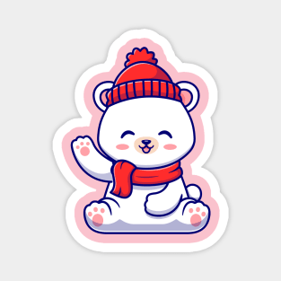 Cute Baby Polar Bear Winter Wearing Scarf Waving Hand  Cartoon Magnet