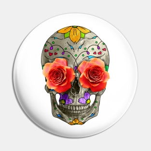 Sugar Skull Day of the Dead with Roses, Dia de los Muertos Pin