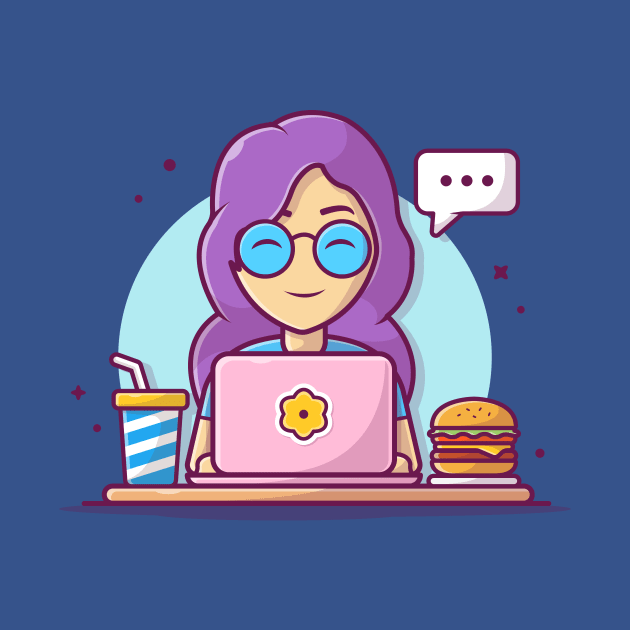 Woman Operating Laptop With Burger And Soft Drink And speech Bubble Cartoon by Catalyst Labs