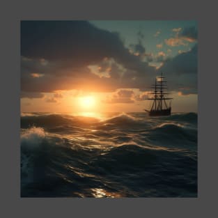 Beautiful sunset over the sea, an old ship sails T-Shirt