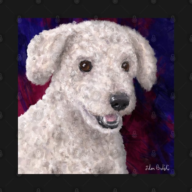 Painting of a Cute Fluffy White Maltipoo Smiling on Red and Purple Background by ibadishi