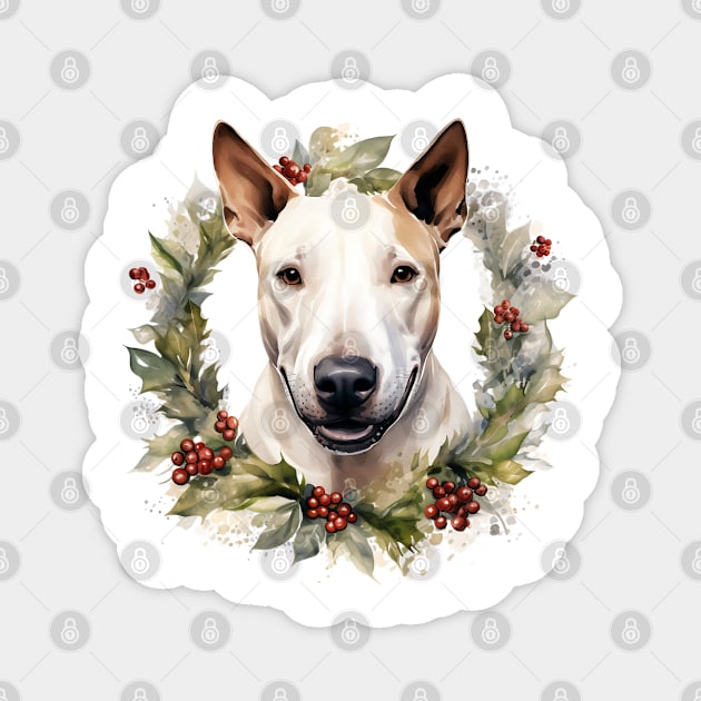 Christmas Bull Terrier Dog Wreath Magnet by Chromatic Fusion Studio