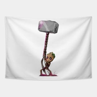 Baby Groot with Thor's Hammer Tapestry