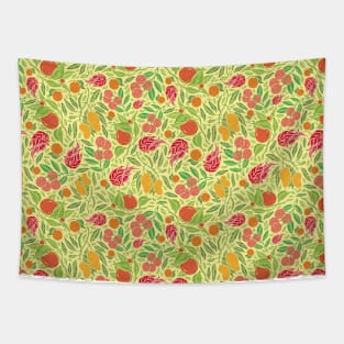 Dragonfruit amoung mango and mandarin on yellow background Tapestry