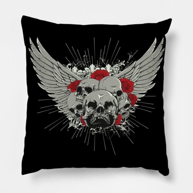 Skulls Wings Illustration Tattoo Art Pillow by Foxxy Merch