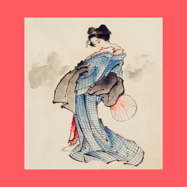 Woman, Full-Length Portrait, Standing, Facing Left, Holding Fan in Right Hand, Wearing Kimono with Check Design by Katsushika Hokusai (1760-1849) by Garkbit's