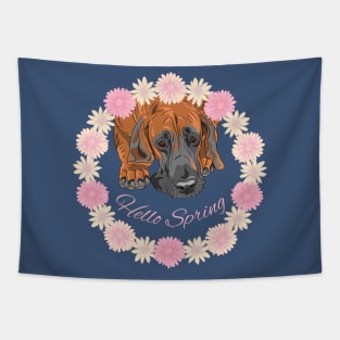 Hello Spring with Great Dane Dog in Flower Wreath Tapestry