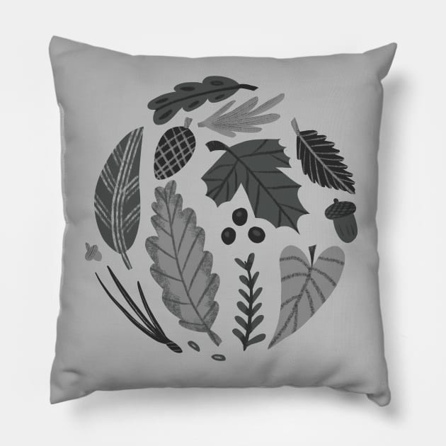 Monochromatic Leaves and Pine Cones Pillow by narwhalwall