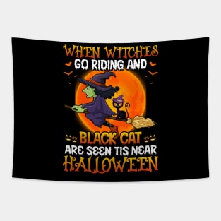 When Witches Go Riding And Black Cat Halloween Tapestry