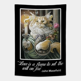 Candle Light Cat - Love Is A Flame Quote - White Outlined Version Tapestry