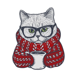 Candy Cane Sweater Coffee Cat T-Shirt