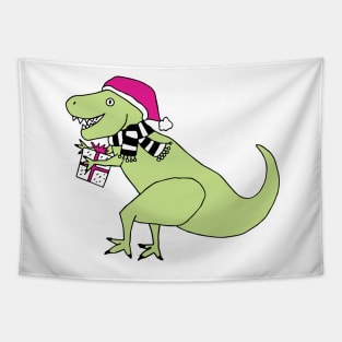 Pink Christmas T-Rex Tapestry