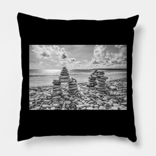 Rock Cairns On Amroth Beach, Wales, Black And White Pillow