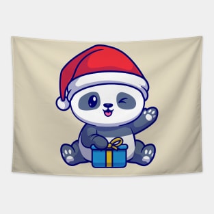 Cute Panda With Gift Box In Winter Cartoon Tapestry