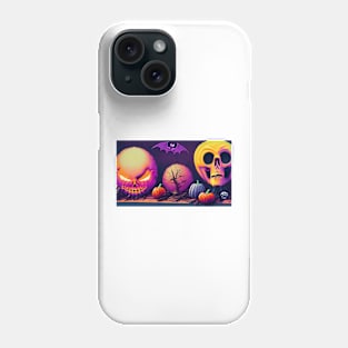 Digital Art of Pumpkins, Skulls, and Bats Sitting on Top of Each Other in a Dark Room Phone Case