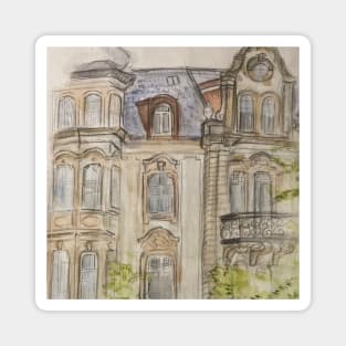 Vintage old house/ building traditional art watercolor/ Aquarell/ pencil drawing Magnet