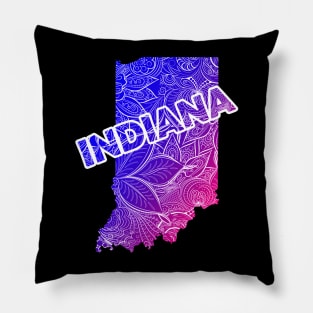 Colorful mandala art map of Indiana with text in blue and violet Pillow