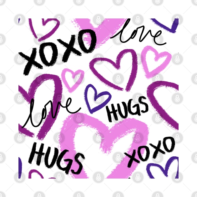 Valentines Day Graffiti Lettering Love, Hugs, XOXO, and Light and Dark Pink, and Purple Doodle Hearts , made by EndlessEmporium by EndlessEmporium