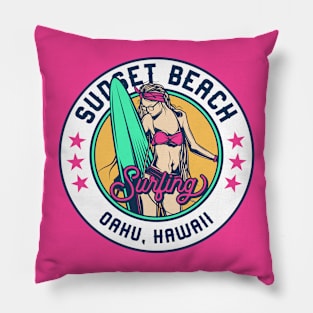 Retro Surfer Babe Badge Sunset Beach Oahu Hawaii Pillow