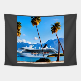 A Cruise Ship Sailing Past A Tropical Island With Mountains In The Background Tapestry