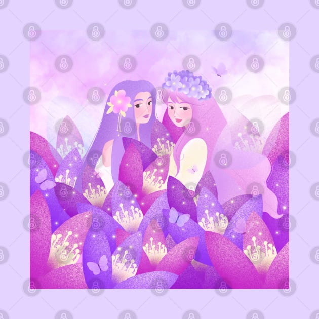 Beautiful fairies with pink flowers and butterflies by iulistration