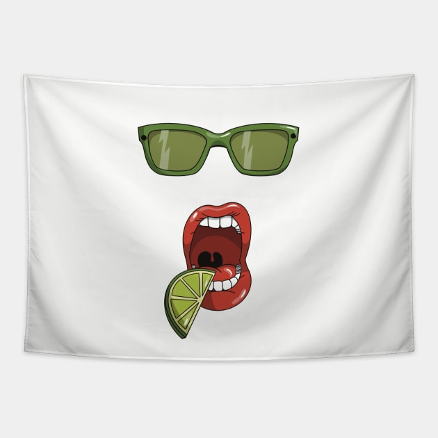 Mouth about to eat a slice of a green lime and matching green sun glasses Tapestry by Fruit Tee