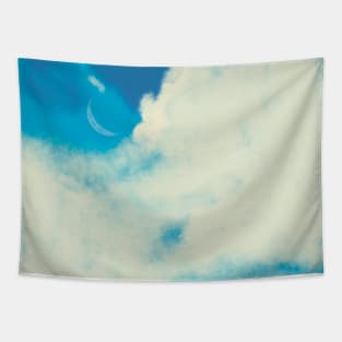 Blue Sky with clouds and moon digital art Tapestry