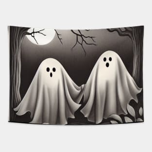 Ghosts in love and full moon, vintage effect cute Halloween in dark forest Tapestry