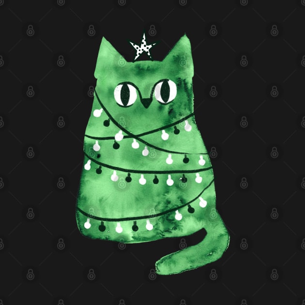 Watercolor green Christmas cat by kostolom3000