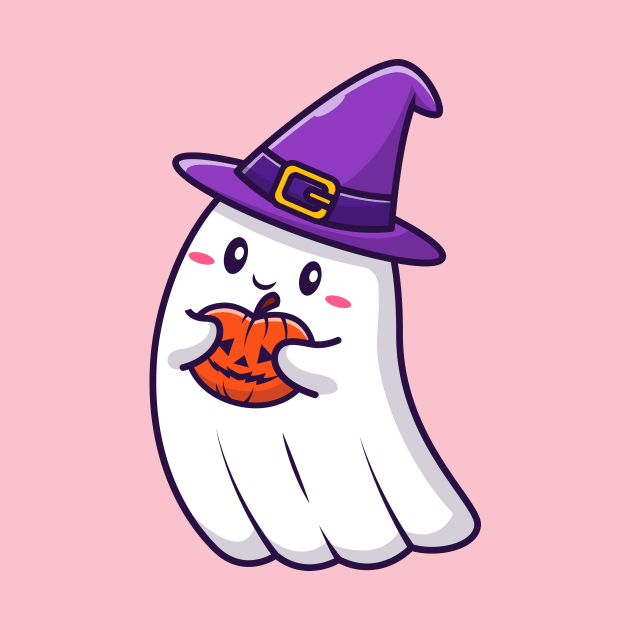 Cute Witch Ghost Holding Pumpkin Halloween Cartoon by Catalyst Labs