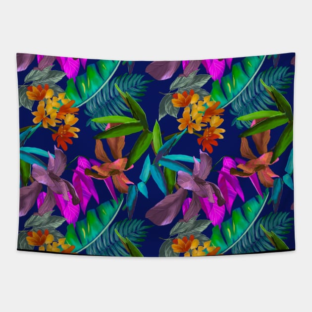 tropical floral leaves botanical garden, tropical plants,leaves and flowers, dark blue leaves pattern Tapestry by Zeinab taha