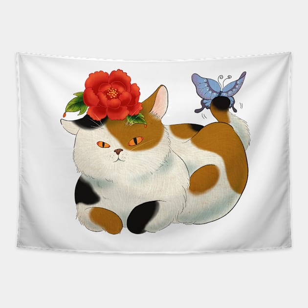 Minhwa: Cat and Butterfly D Type Tapestry by koreanfolkpaint