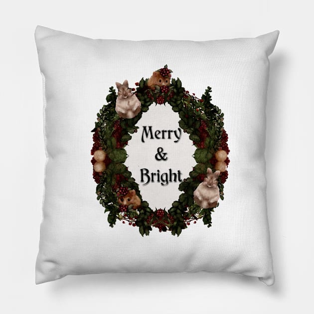 Bunny Holiday Wreath Christmas Ornaments Red Berries Holiday Quote Merry and Bright Pillow by penandbea