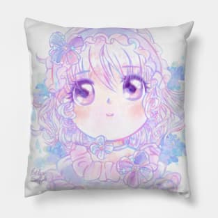 Hydrangea Girl - Cute Kawaii Anime Original Character Watercolor Art Pillow