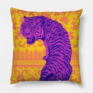 Hong Kong Neon Purple Tiger with Yellow and Orange Floral Pattern - Animal Lover Pillow