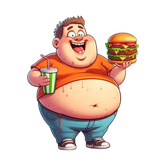 a fat young man eating a burger by Wowcool