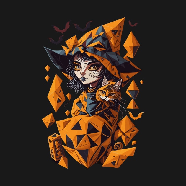 Geometric Halloween Witch with Cat by Luvleigh