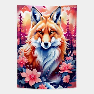 Red Fox with Bold Flowers Tapestry