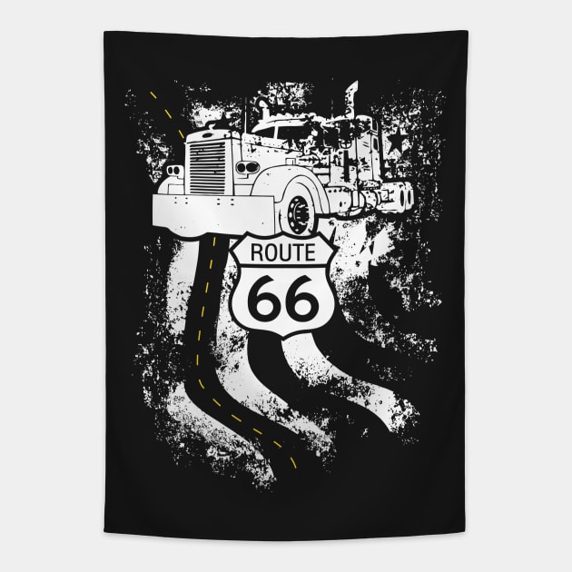 Route 66 Big Rig Truck and American Flag Tapestry by Xeire