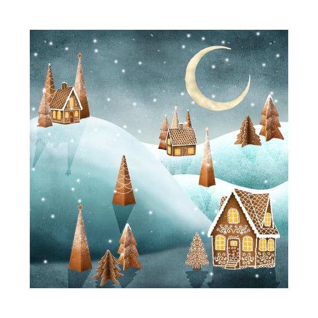 Gingerbread houses and trees on snow landscape. Winter candy world watercolor illustration. Sweets world fantasy decorations by likapix