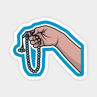 Hand Holding Chaplet of Beads Sticker vector illustration. Islamic holiday icon concept. Human hand of young man holding chaplet sticker vector design. Magnet